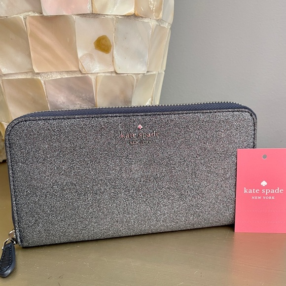 Kate♠️Spade LOLA GLITTER LARGE CONTINENTAL WALLET NWT NAVY BLUE GLITTER WALLET - Picture 1 of 3
